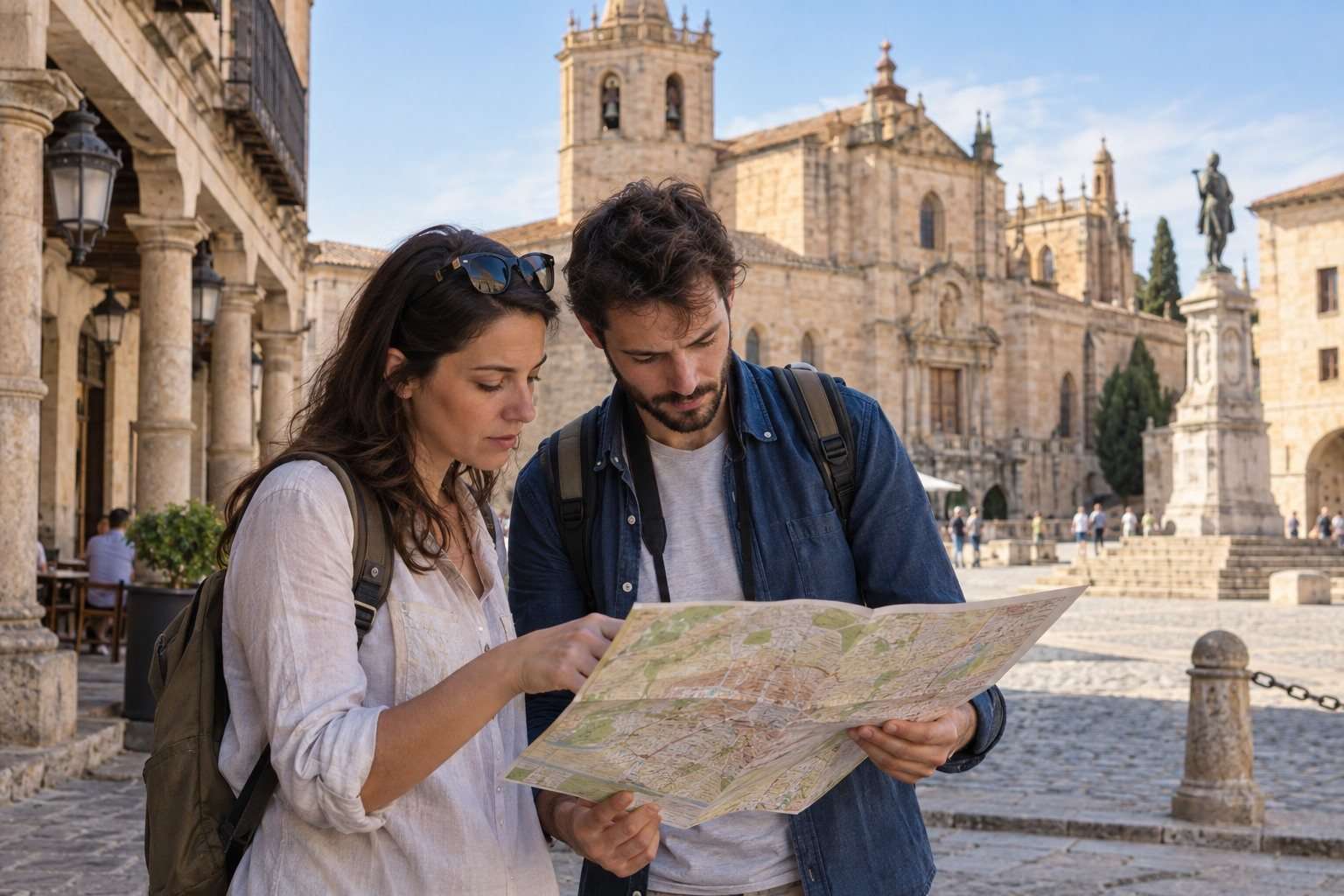 Dos viajeros consultan un mapa en una plaza histórica castellana